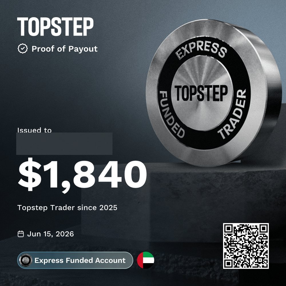 Certificat de payout Topstep — nom du bénéficiaire masqué