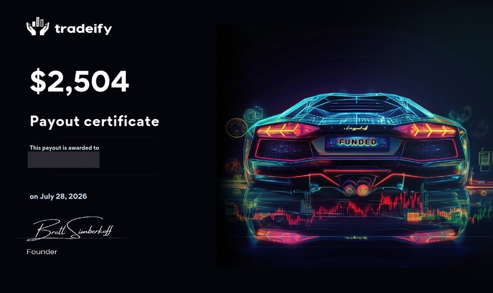 Certificat de payout Tradeify — nom du bénéficiaire masqué